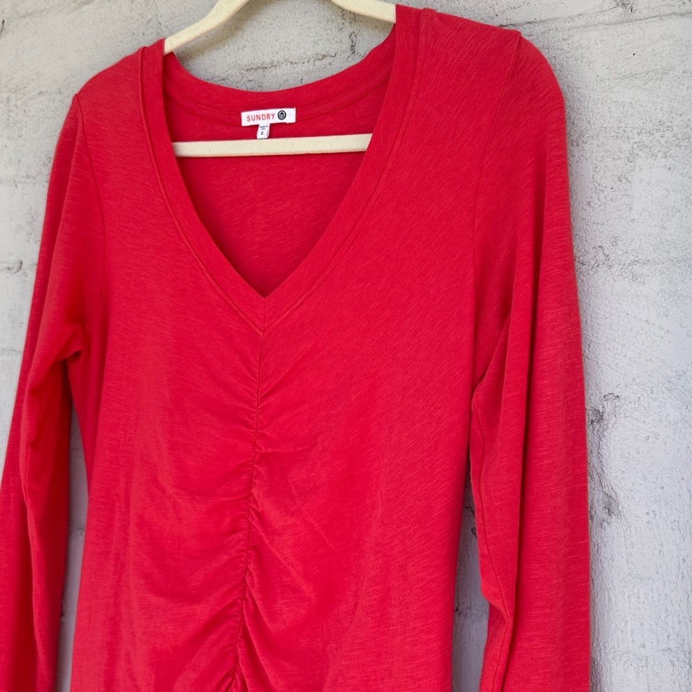 Anthropologie Sundry Ruched Long Sleeve Mini Dress Pink/Coral Size Medium - Picture 4 of 14